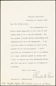 Eliot, Charles William, 1834-1926 typed letter signed to Hugo Münsterberg, Cambridge, Mass., 24 January 1902