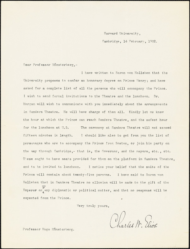 Eliot, Charles William, 1834-1926 typed letter signed to Hugo Münsterberg, Cambridge, Mass., 14 February 1902