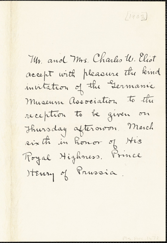 Eliot, Charles William, 1834-1926 manuscriptN. (in 3rd person) to Hugo Münsterberg, Cambridge, Mass., February 1902