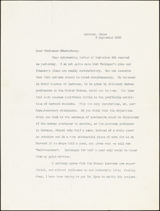 Eliot, Charles William, 1834-1926 typed letter signed to Hugo Münsterberg, Cambridge, Mass., 8 September 1902