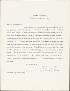 Eliot, Charles William, 1834-1926 typed letter signed to Hugo Münsterberg, Cambridge, Mass., 28 October 1902