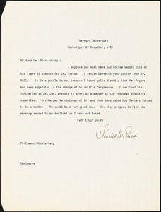 Eliot, Charles William, 1834-1926 typed letter signed to Hugo Münsterberg, Cambridge, Mass., 16 December 1902