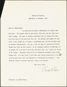 Eliot, Charles William, 1834-1926 typed letter signed to Hugo Münsterberg, Cambridge, Mass., 24 December 1902
