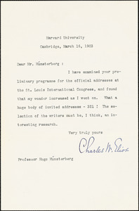 Eliot, Charles William, 1834-1926 typed note signed to Hugo Münsterberg, Cambridge, Mass., 16 March 1903