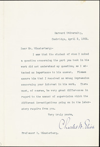 Eliot, Charles William, 1834-1926 typed letter signed to Hugo Münsterberg, Cambridge, Mass., 2 April 1903
