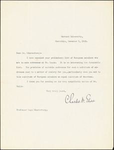 Eliot, Charles William, 1834-1926 typed note signed to Hugo Münsterberg, Cambridge, Mass., 5 November 1903