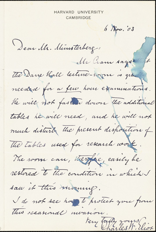 Eliot, Charles William, 1834-1926 typed letter signed to Hugo Münsterberg, Cambridge, Mass., 6 November 1903
