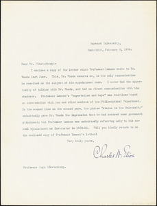 Eliot, Charles William, 1834-1926 typed letter signed to Hugo Münsterberg, Cambridge, Mass., 9 February 1904