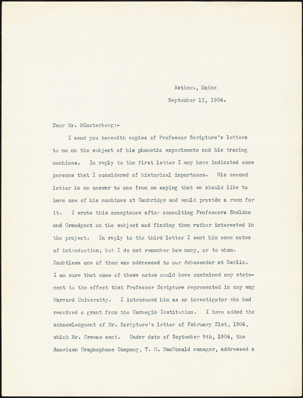 Eliot, Charles William, 1834-1926 typed letter signed to Hugo Münsterberg, Asticou, Me., 12 September 1904