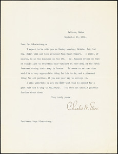 Eliot, Charles William, 1834-1926 typed note signed to Hugo Münsterberg, Asticou, Me., 15 September 1904