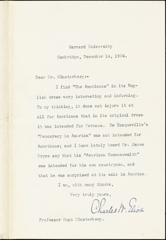 Eliot, Charles William, 1834-1926 typed note signed to Hugo Münsterberg, Cambridge, Mass., 14 December 1904