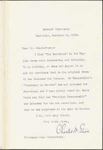 Eliot, Charles William, 1834-1926 typed note signed to Hugo Münsterberg, Cambridge, Mass., 14 December 1904