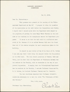 Eliot, Charles William, 1834-1926 typed letter signed to Hugo Münsterberg, Cambridge, Mass., 15 May 1905