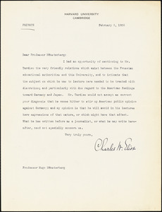 Eliot, Charles William, 1834-1926 typed letter signed to Hugo Münsterberg, Cambridge, Mass., 8 February 1908