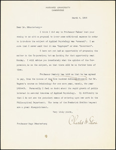 Eliot, Charles William, 1834-1926 typed letter signed to Hugo Münsterberg, Cambridge, Mass., 4 March 1908
