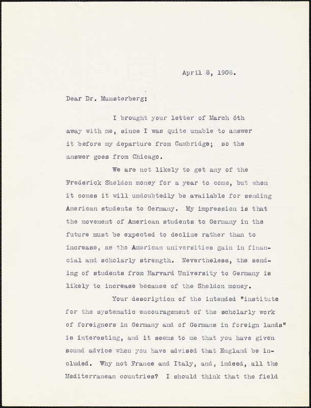 Eliot, Charles William, 1834-1926 typed letter signed to Hugo Münsterberg, [Chicago], 8 April 1908