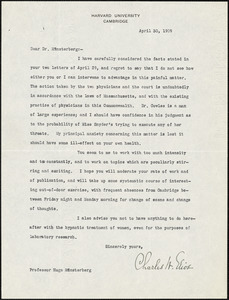 Eliot, Charles William, 1834-1926 typed note signed to Hugo Münsterberg, Cambridge, Mass., 30 April 1909