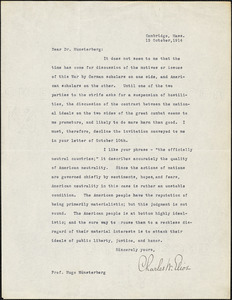 Eliot, Charles William, 1834-1926 typed letter signed to Hugo Münsterberg, Cambridge, Mass., 15 October 1914