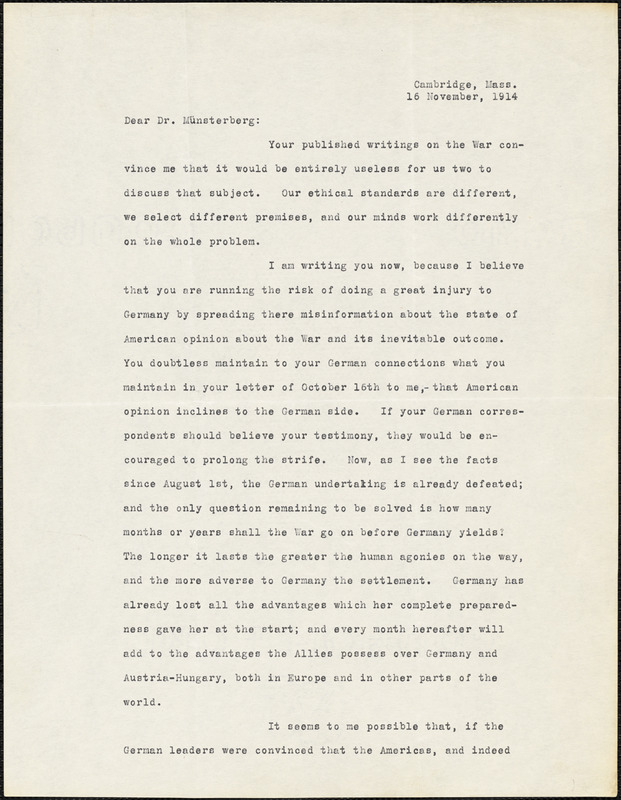 Eliot, Charles William, 1834-1926 typed letter signed to Hugo Münsterberg, Cambridge, Mass., 16 November 1914