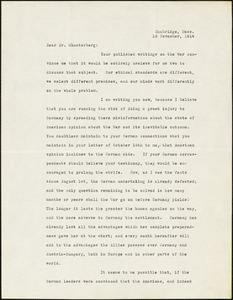 Eliot, Charles William, 1834-1926 typed letter signed to Hugo Münsterberg, Cambridge, Mass., 16 November 1914