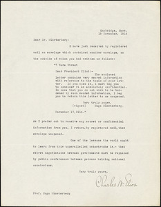 Eliot, Charles William, 1834-1926 typed letter signed to Hugo Münsterberg, Cambridge, Mass., 19 November 1914