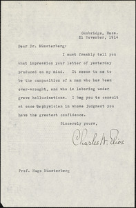 Eliot, Charles William, 1834-1926 typed letter signed to Hugo Münsterberg, Cambridge, Mass., 21 November 1914