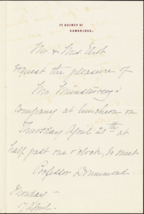 Eliot, Charles William, 1834-1926 autograph note signed to Hugo Münsterberg, Cambridge, Mass., 17 April