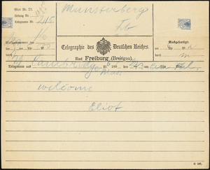 Eliot, Charles William, 1834-1926 telegram to typed letter to Hugo Münsterberg, Cambridge, Mass.