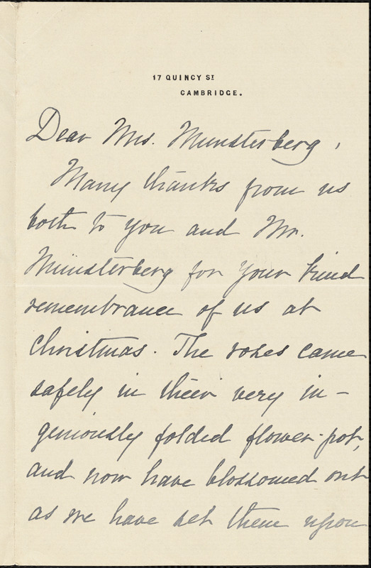 Eliot, Grace (Hopkinson) autograph letter signed to Selma (Oppler) Münsterberg, Cambridge, Mass., 29 December 1895