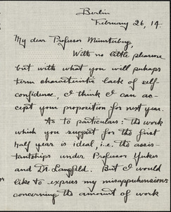 Elliott, Richard Maurice, 1887-1969 autograph letter signed to Hugo Münsterberg, Berlin, 26 February 1914
