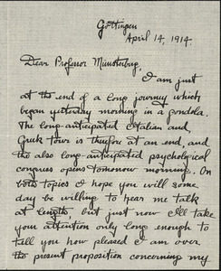 Elliott, Richard Maurice, 1887-1969 autograph letter signed to Hugo Münsterberg, Göttingen, 14 April 1914