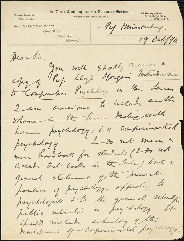 Ellis, Havelock, 1859-1939 autograph letter signed to Hugo Münsterberg, Lelant, Eng., 29 October 1894