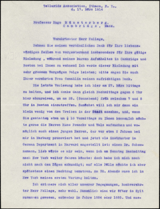 Elster, Ernst typed letter signed to Hugo Münsterberg, Ithaca, N.Y., 17 March 1914