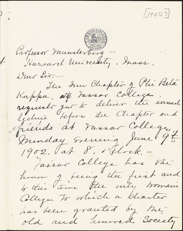 Ely, A. M., fl.1902 autograph letter signed to Hugo Münsterberg, Poughkeepsie, N.Y., 1902?