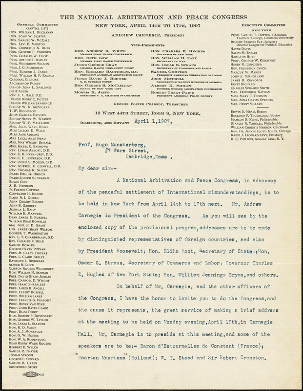 Ely, Robert Erskine, b. 1861 typed letter signed to Hugo Münsterberg, New York, 1 April 1907
