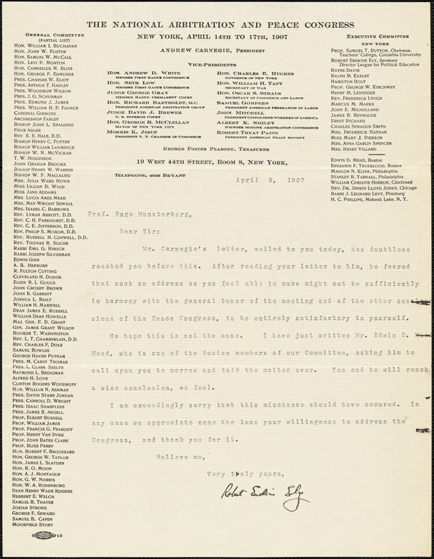 Ely, Robert Erskine, b. 1861 typed letter signed to Hugo Münsterberg, New York, 8 April 1907