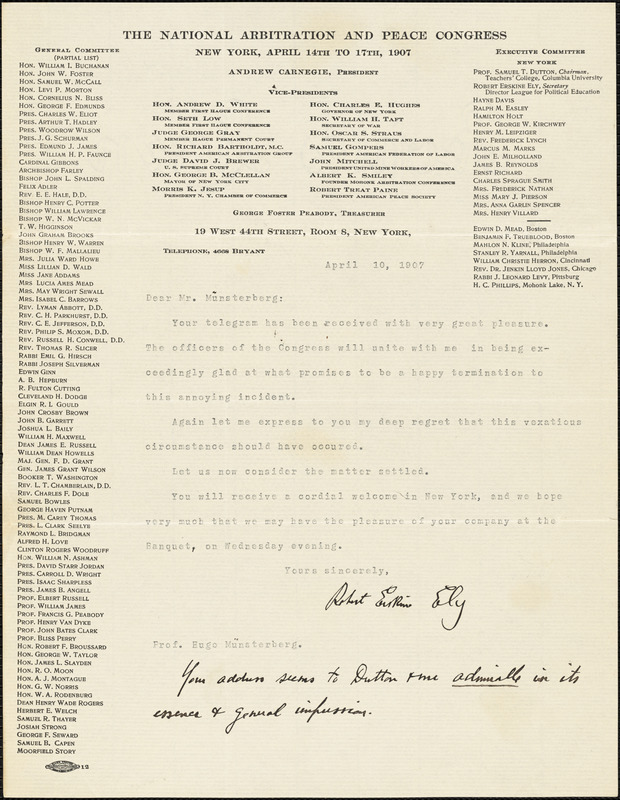 Ely, Robert Erskine, b. 1861 typed letter signed to Hugo Münsterberg, New York, 10 April 1907