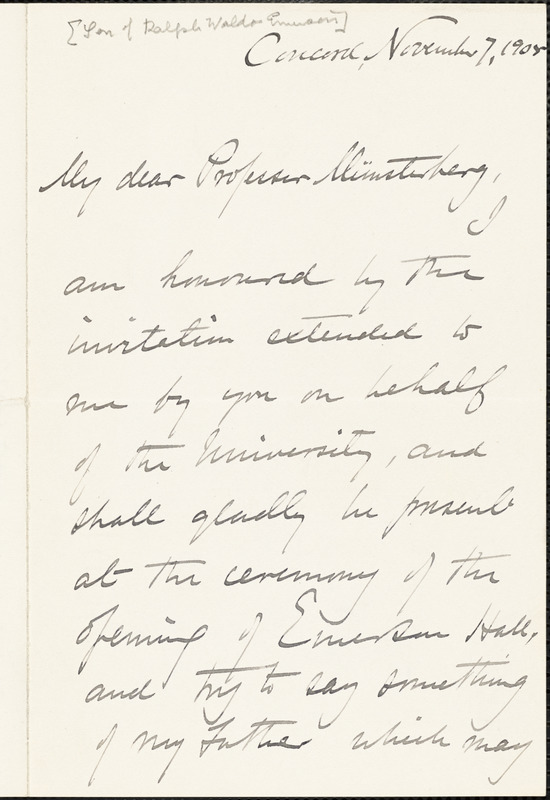 Emerson, Edward Waldo, 1844-1930 autograph letter signed to Hugo Münsterberg, Concord, Mass., 7 November 1905