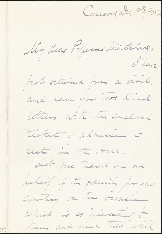 Emerson, Edward Waldo, 1844-1930 autograph letter signed to Hugo Münsterberg, Concord, Mass., 19 December 1905