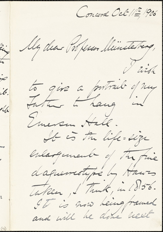 Emerson, Edward Waldo, 1844-1930 autograph letter signed to Hugo Münsterberg, Concord, Mass., 11 October 1906