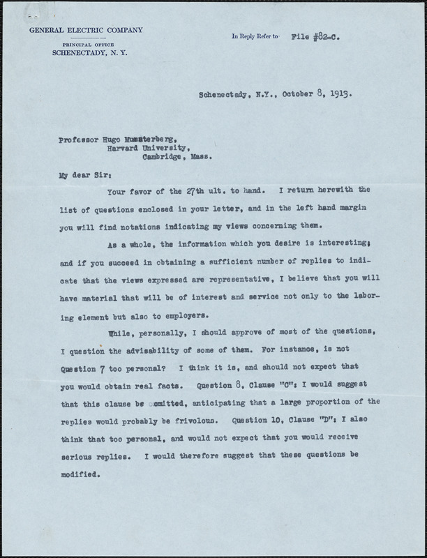 Emmons, G. E., fl.1913 typed letter signed to Hugo Münsterberg, Schenectady, N.Y., 08 October 1913