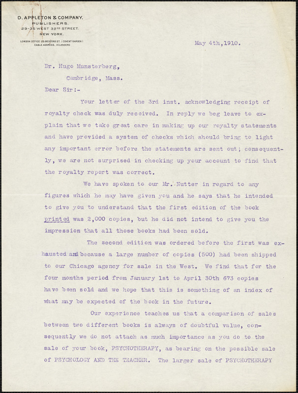 Emory, George S. fl.1910 typed letter signed to Hugo Münsterberg, New York, 04 May 1910