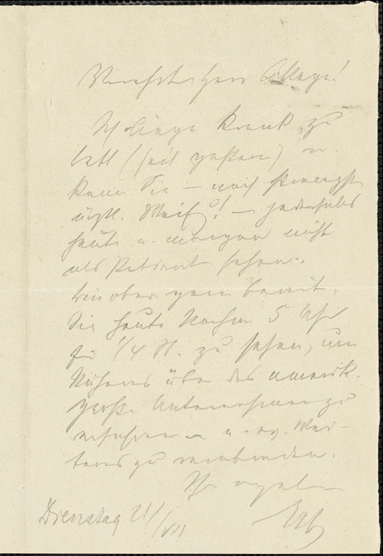Erb, Wilhelm Heinrich, 1840-1921 autograph note signed to Hugo Münsterberg, 21 July 1903?