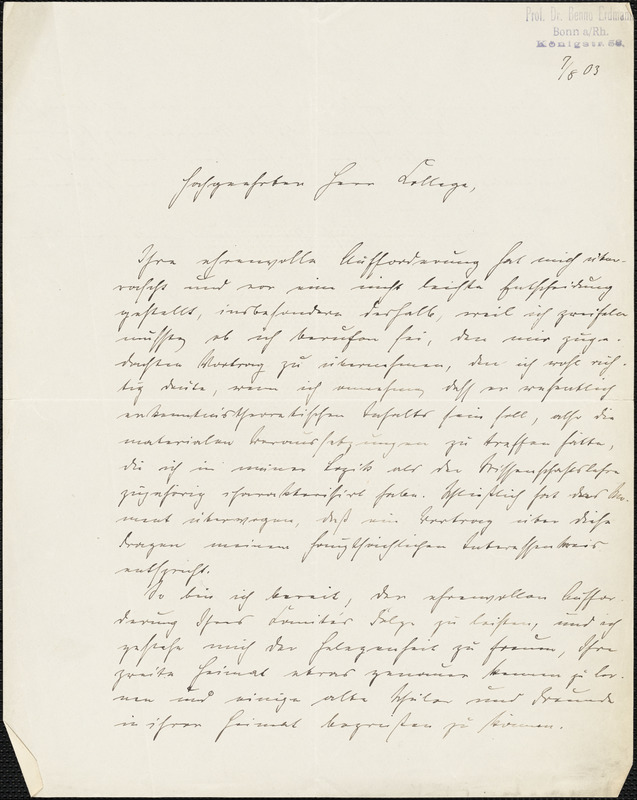 Erdmann, Benno, 1851-1921 autograph letter signed to Hugo Münsterberg, Bonn, 7 August 1903