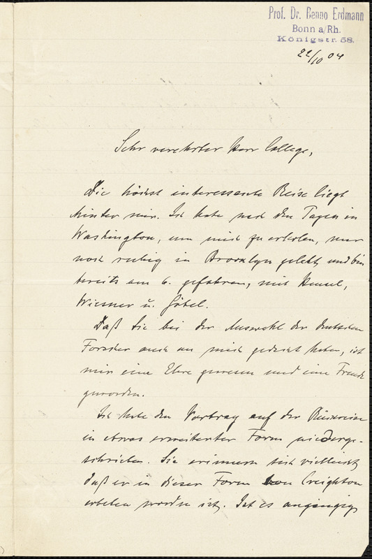 Erdmann, Benno, 1851-1921 autograph letter signed to Hugo Münsterberg, Bonn, 22 October 1904