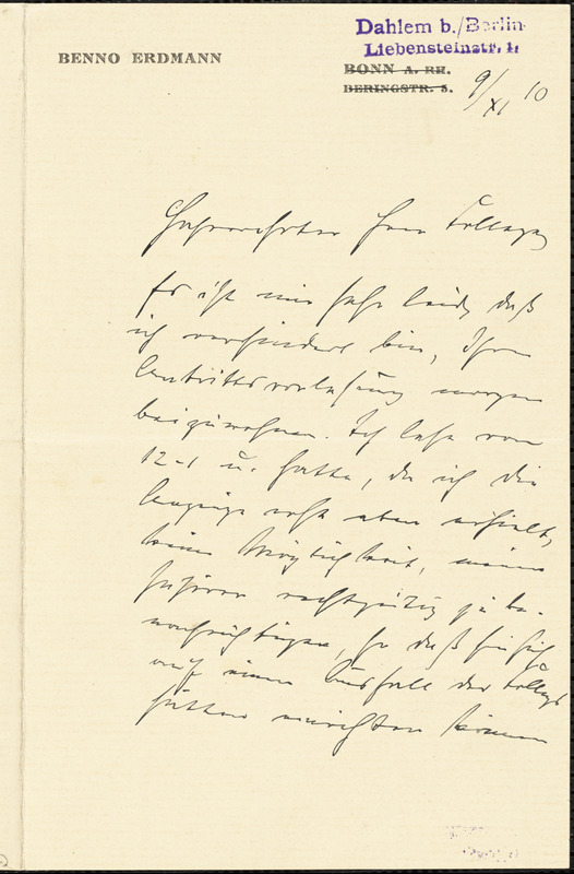 Erdmann, Benno, 1851-1921 autograph letter signed to Hugo Münsterberg, Dahlem b. Berlin, 9 November 1910