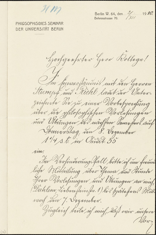 Erdmann, Benno, 1851-1921 manuscript letter signed to Hugo Münsterberg, Berlin, 2 December 1910