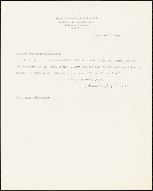 Ernst, Harold C. (Harold Clarence), 1856-1922 typed letter signed to Hugo Münsterberg, Boston, 2 December 1907