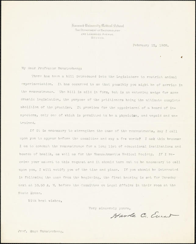 Ernst, Harold C. (Harold Clarence), 1856-1922 typed letter signed to Hugo Münsterberg, Boston, 12 February 1909