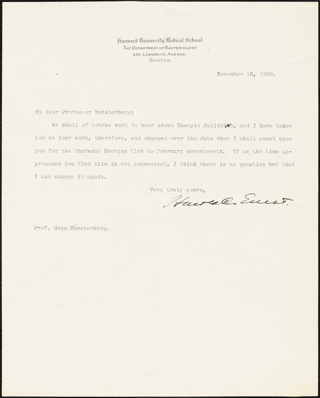 Ernst, Harold C. (Harold Clarence), 1856-1922 typed letter signed to Hugo Münsterberg, Boston, 15 November 1909